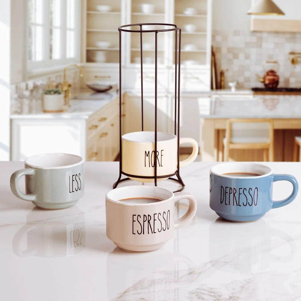 A 3 Strand Cord Ceramic Espresso Mugs Set With Rack