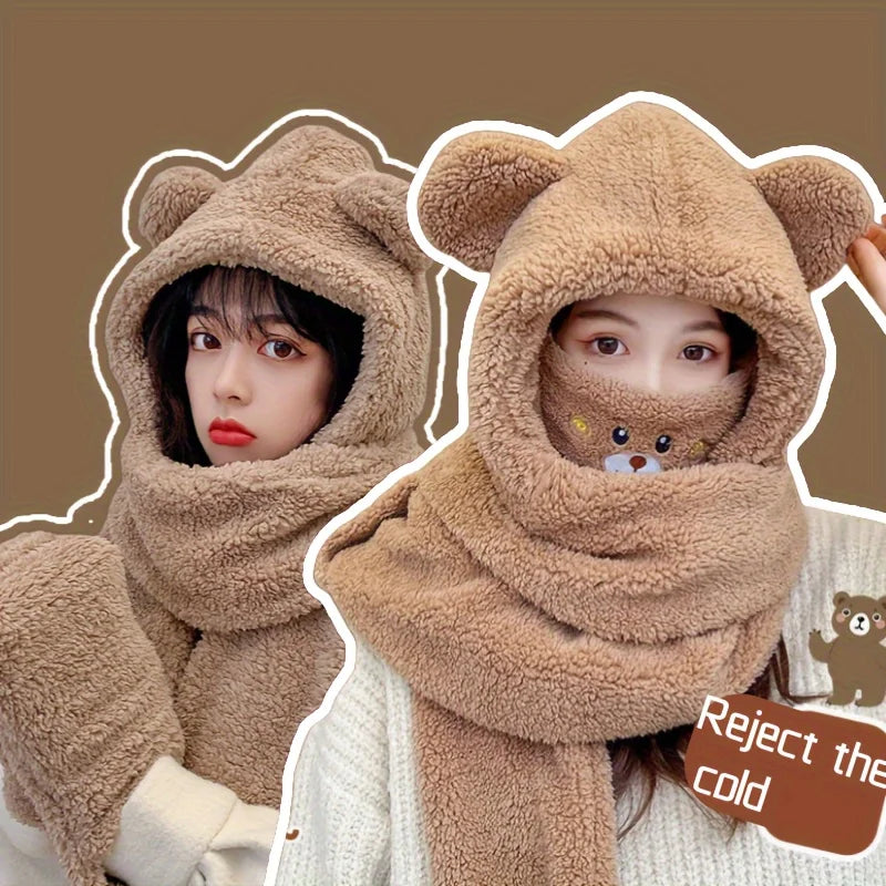 CN Guangdong Faux Fur Bear Ear Hooded Scarf 3 In 1 Winter Set