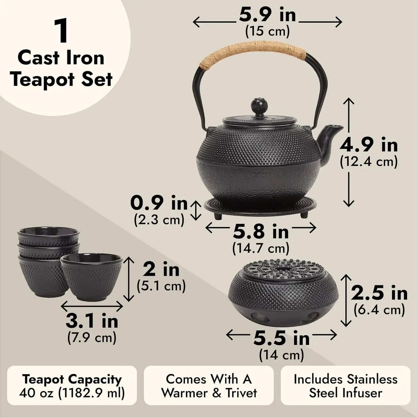 A 3 Strand Cord Cast Iron Tea Kettle Set Hobnail Design