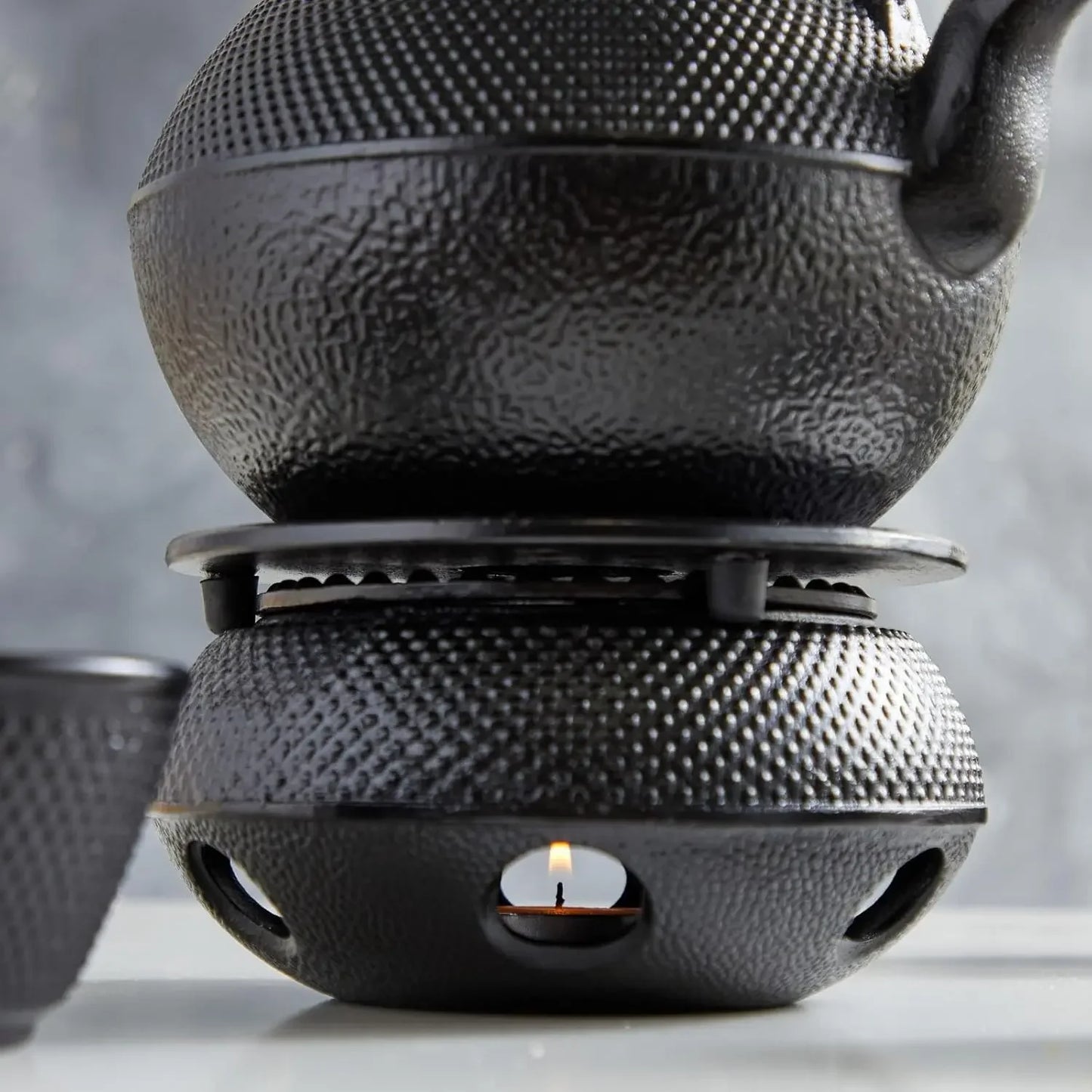 A 3 Strand Cord Cast Iron Tea Kettle Set Hobnail Design
