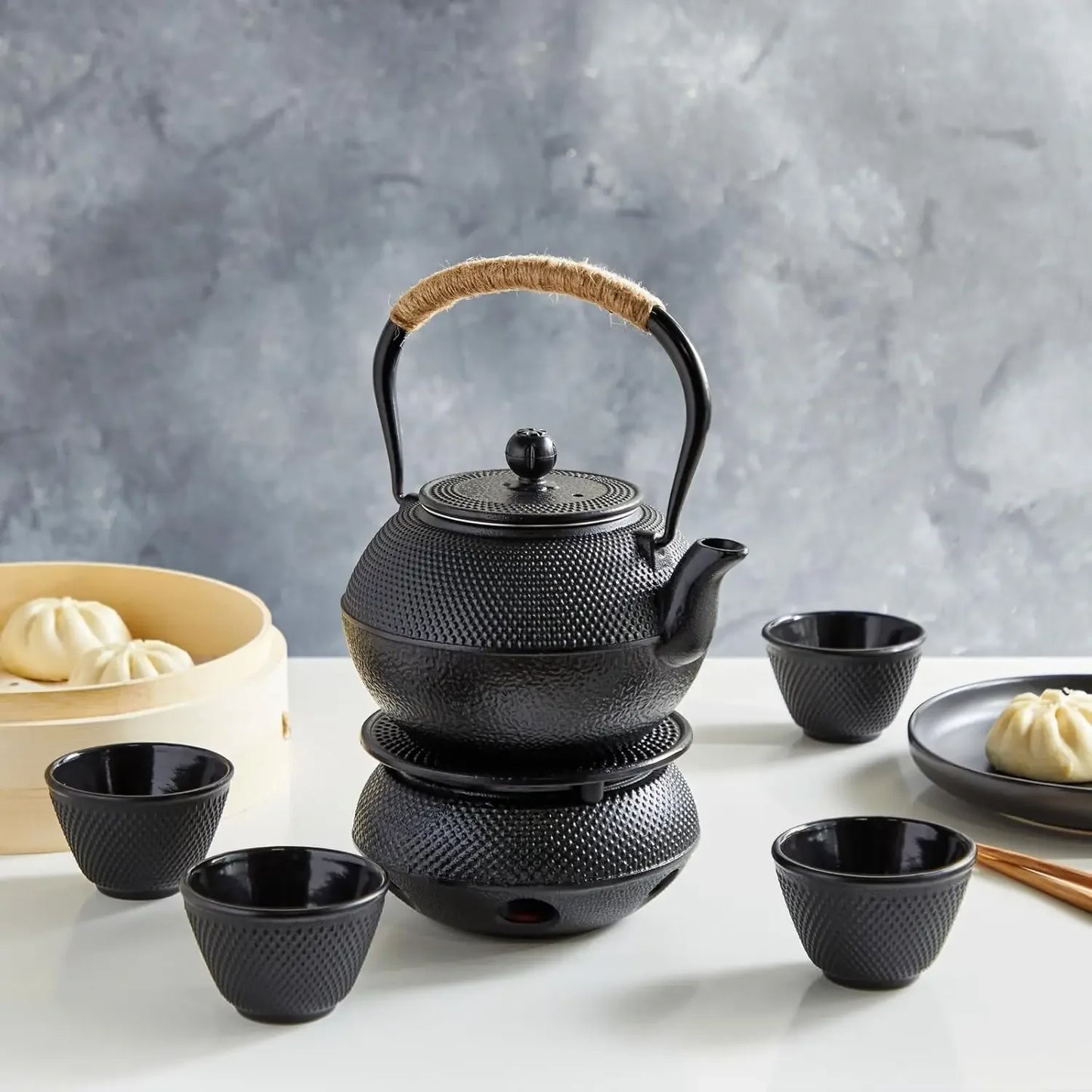 A 3 Strand Cord Cast Iron Tea Kettle Set Hobnail Design