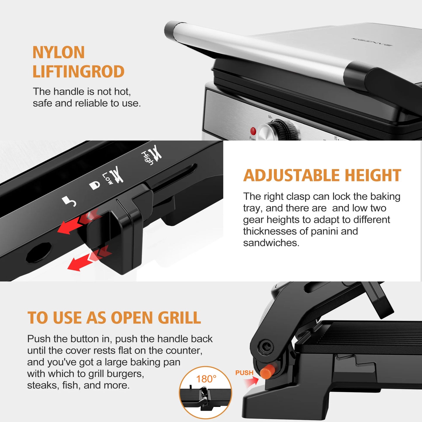 A 3 Strand Cord Panini Grill Press CACHOO 1600W Nonstick