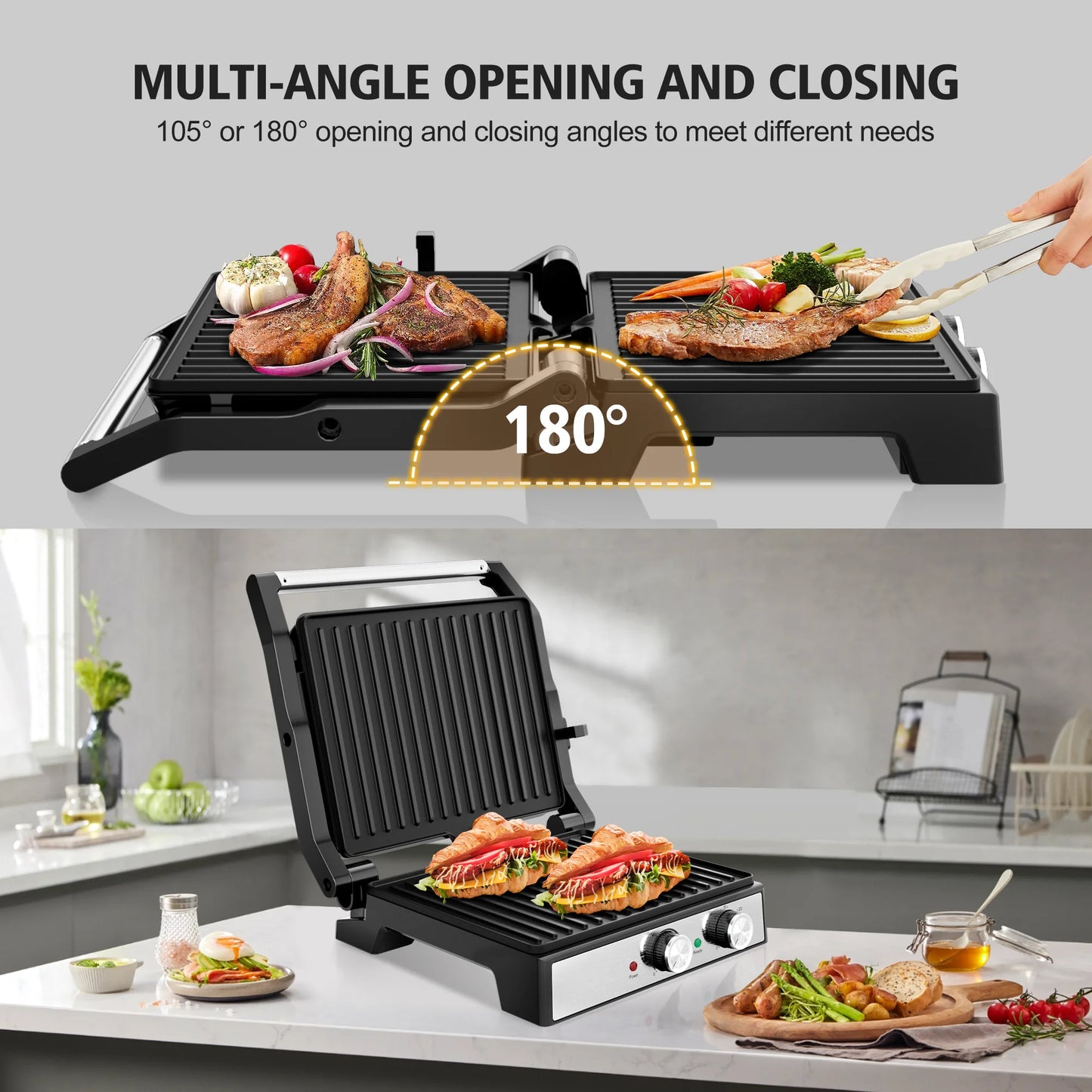 A 3 Strand Cord Panini Grill Press CACHOO 1600W Nonstick