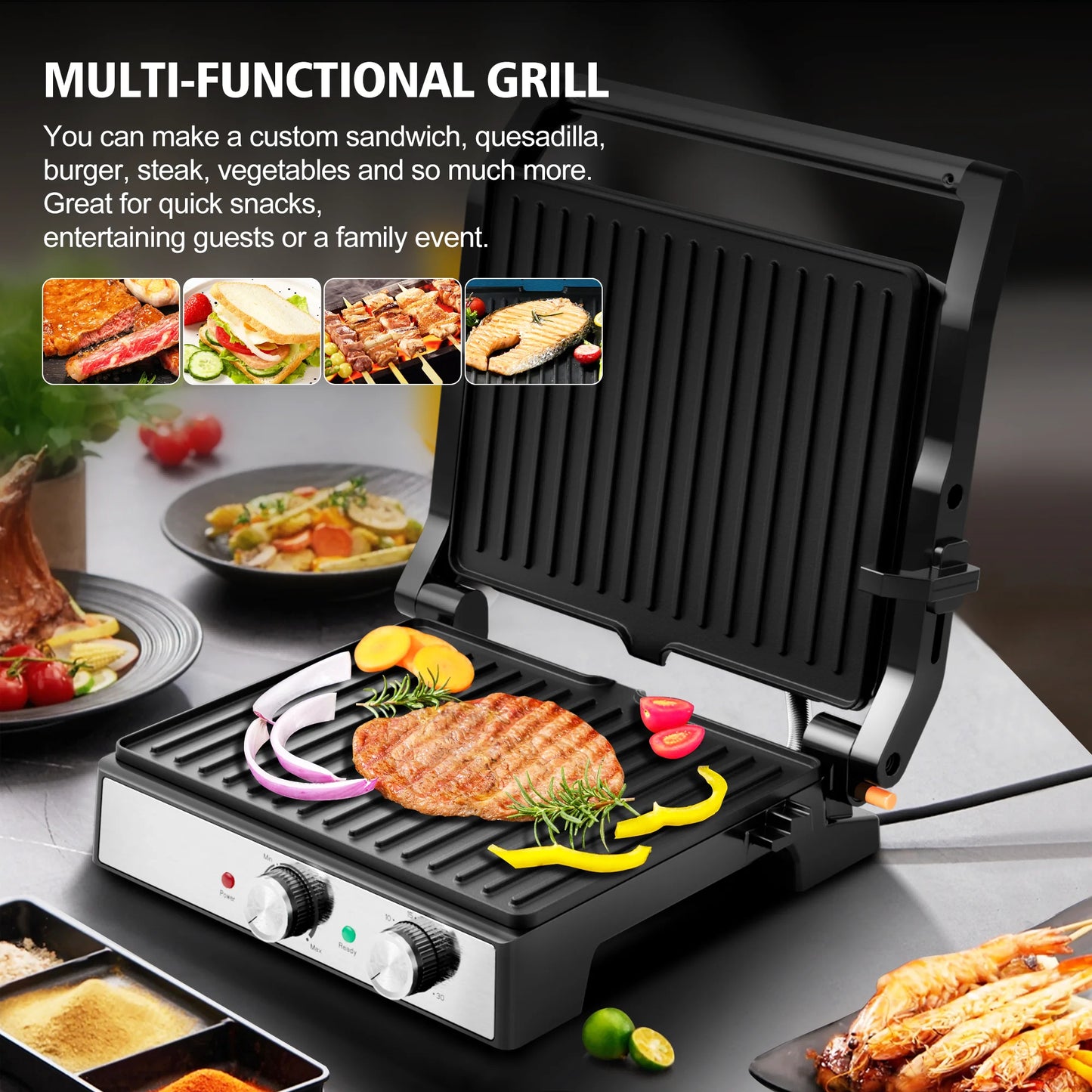 A 3 Strand Cord Panini Grill Press CACHOO 1600W Nonstick