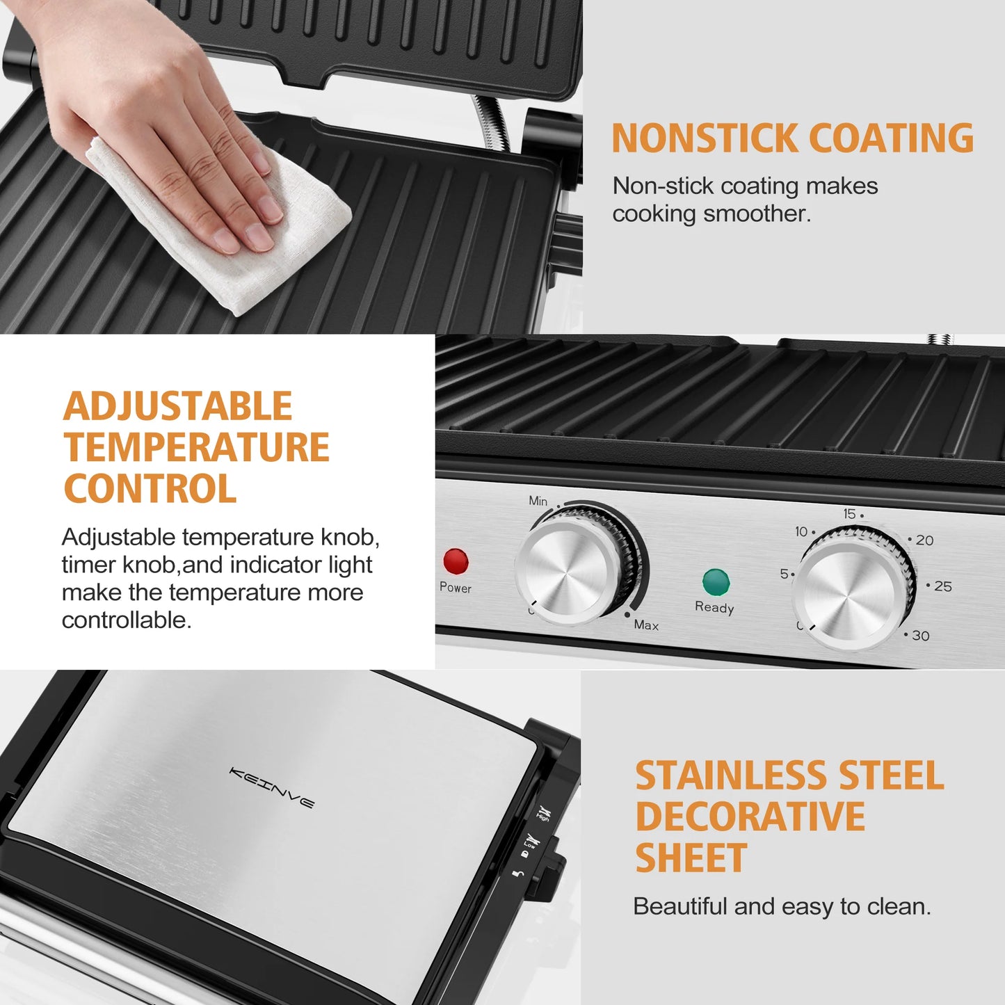 A 3 Strand Cord Panini Grill Press CACHOO 1600W Nonstick