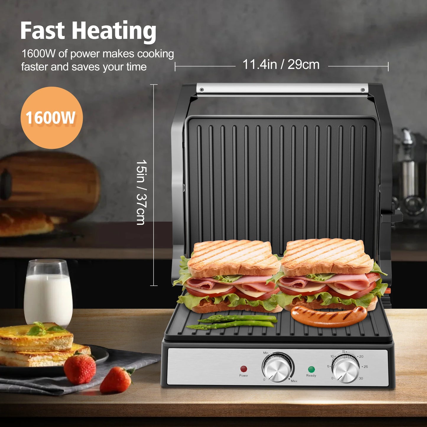 A 3 Strand Cord Panini Grill Press CACHOO 1600W Nonstick