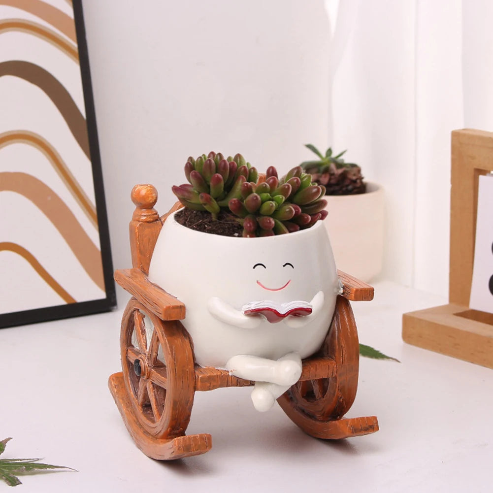 Cute Resin Head Planter Chair Reading Pot For Succulents