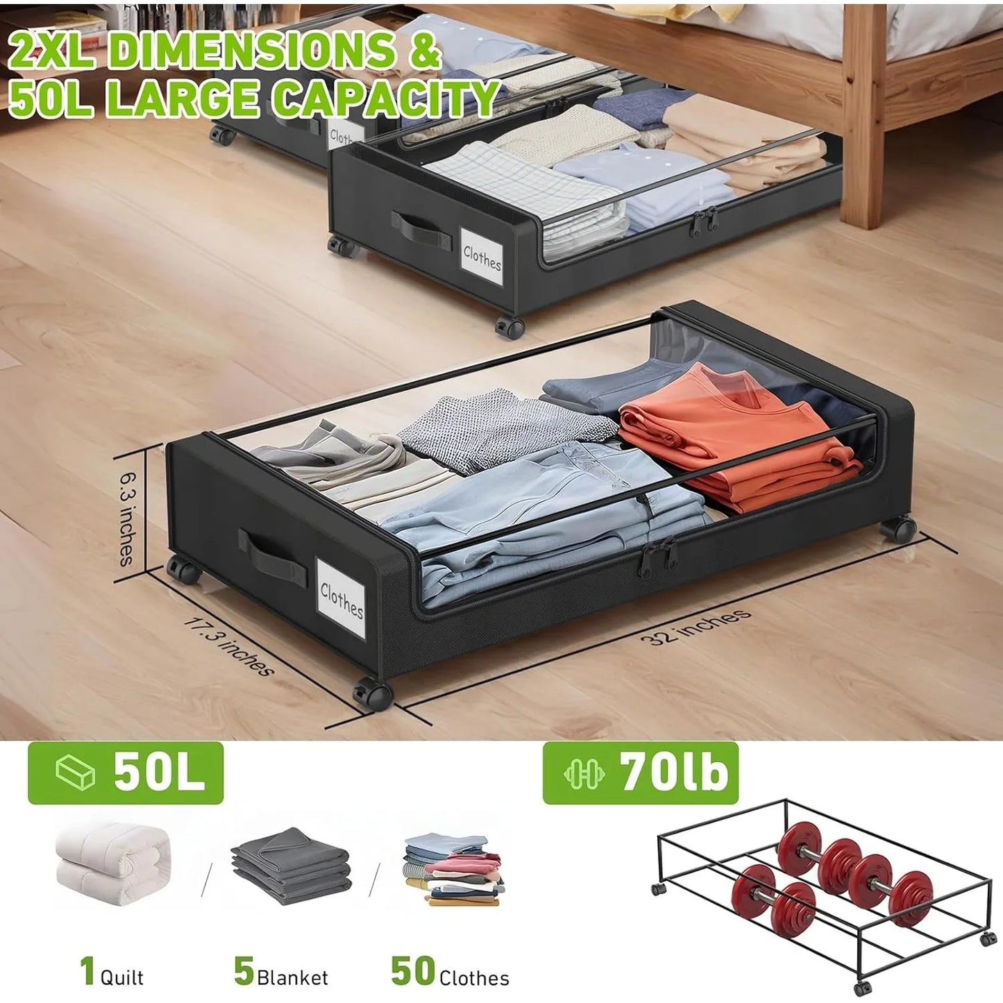 A 3 Strand Cord Under Bed Storage With Wheels Capacity