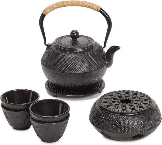 A 3 Strand Cord Cast Iron Tea Kettle Set Hobnail Design