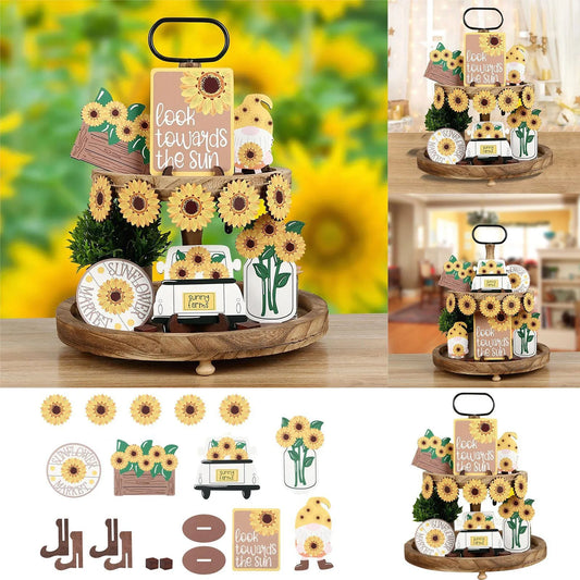 A 3 Strand Cord Sunflower Tiered Tray Decor Set Farmhouse