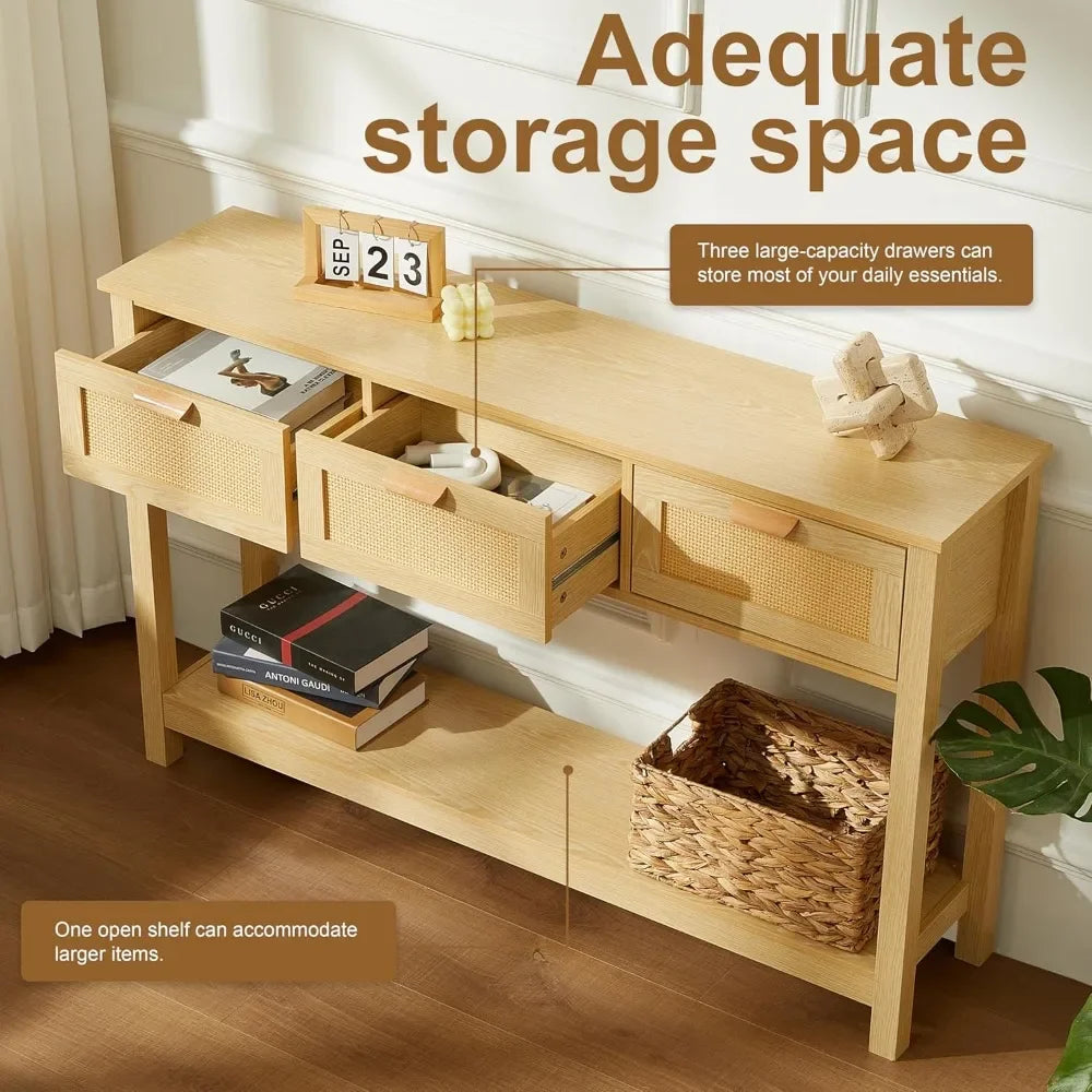 A 3 Strand Cord Rattan Console Table With 3 Drawers
