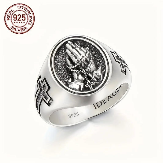 WPOOCC 925 Sterling Silver Praying Hands Cross Ring for Men