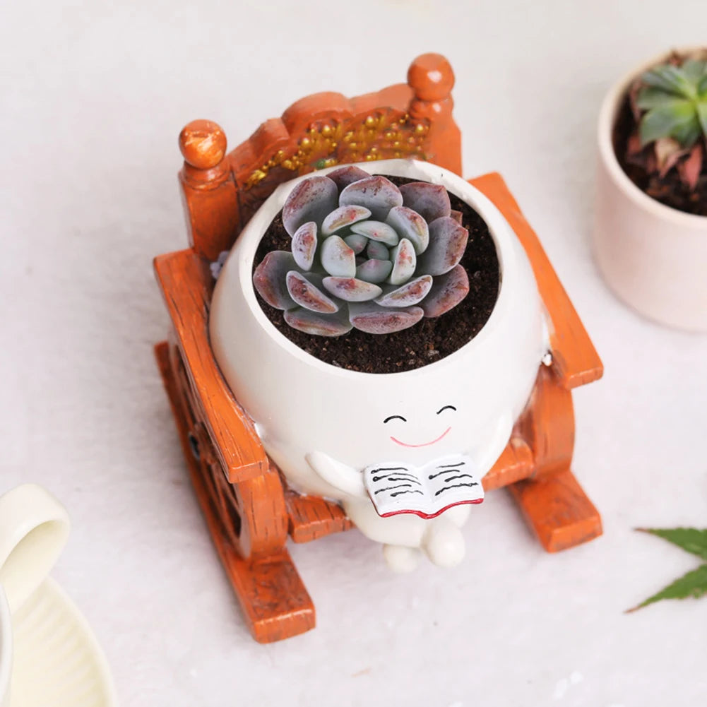 Cute Resin Head Planter Chair Reading Pot For Succulents