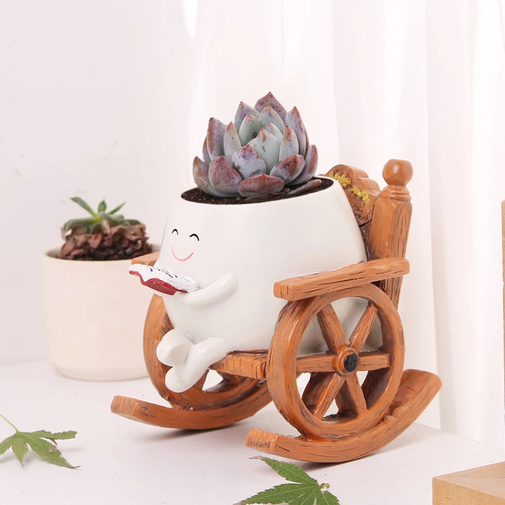 Cute Resin Head Planter Chair Reading Pot For Succulents