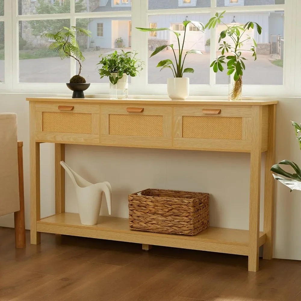 A 3 Strand Cord Rattan Console Table With 3 Drawers