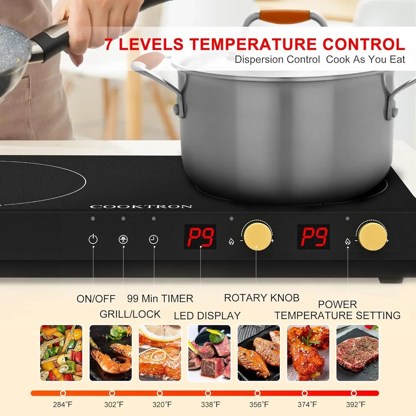XMSJH Portable Induction Cooktop 2 Burner With Griddle Pan