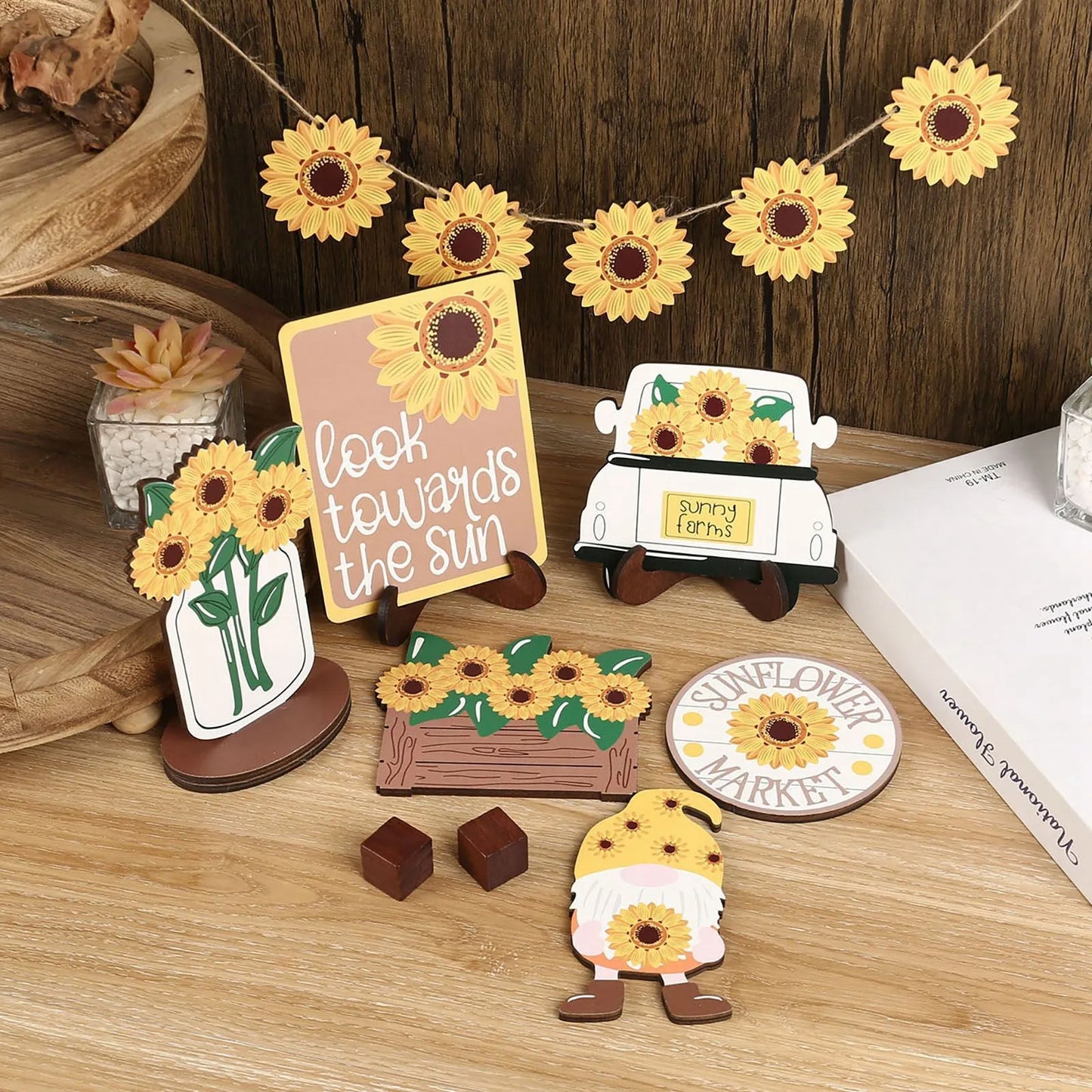 A 3 Strand Cord Sunflower Tiered Tray Decor Set Farmhouse