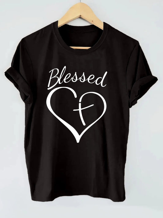 Clothing Blessed Heart Print Short Sleeve Round Neck Tee