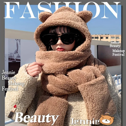 CN Guangdong Faux Fur Bear Ear Hooded Scarf 3 In 1 Winter Set