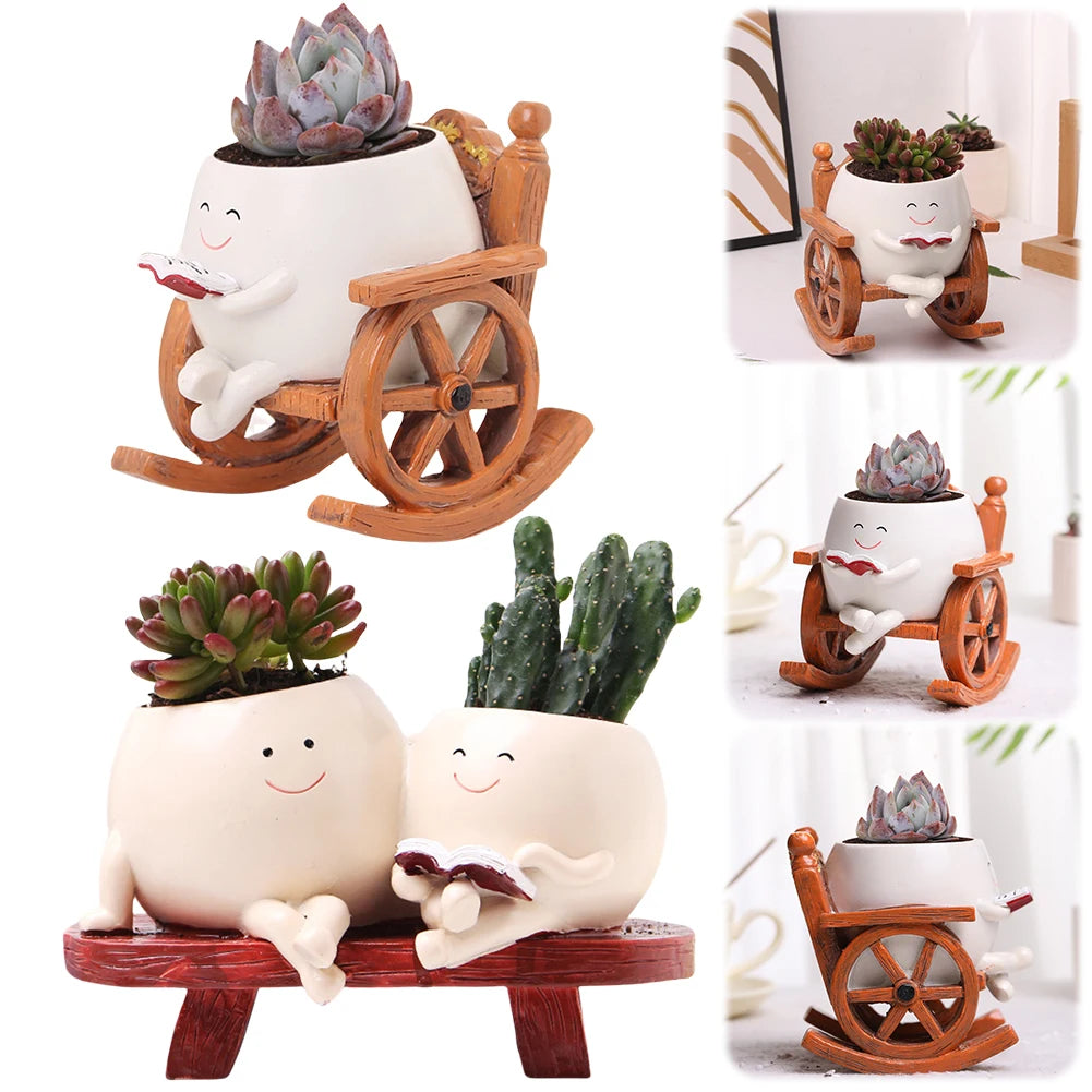 Cute Resin Head Planter Chair Reading Pot For Succulents