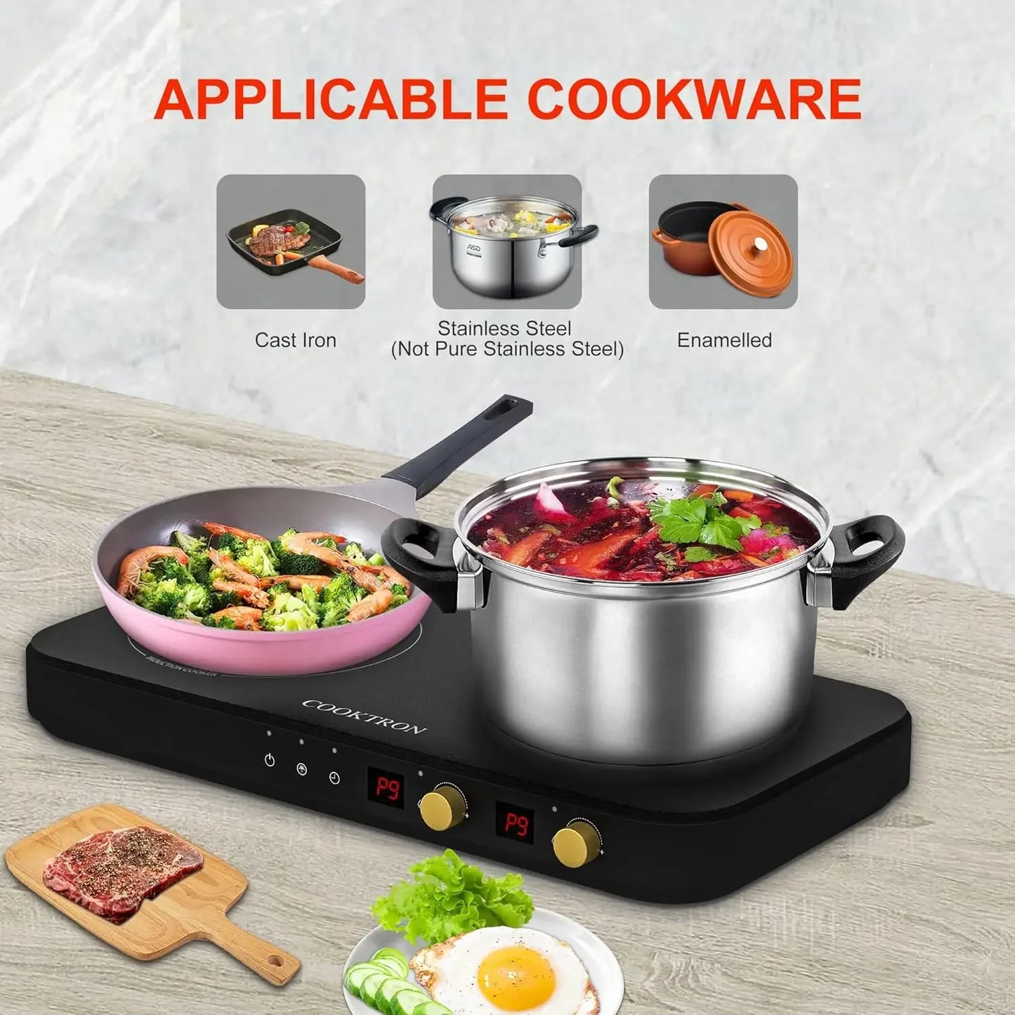 XMSJH Portable Induction Cooktop 2 Burner With Griddle Pan