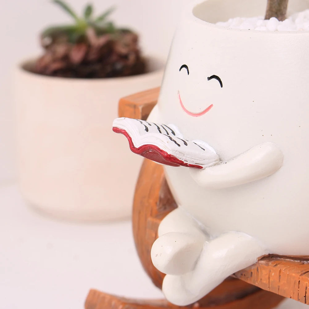 Cute Resin Head Planter Chair Reading Pot For Succulents