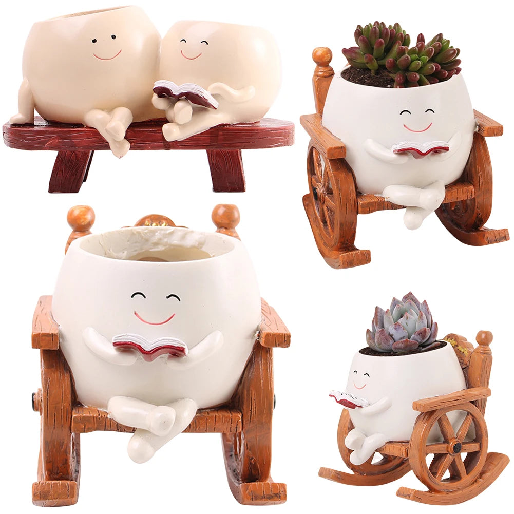 Cute Resin Head Planter Chair Reading Pot For Succulents